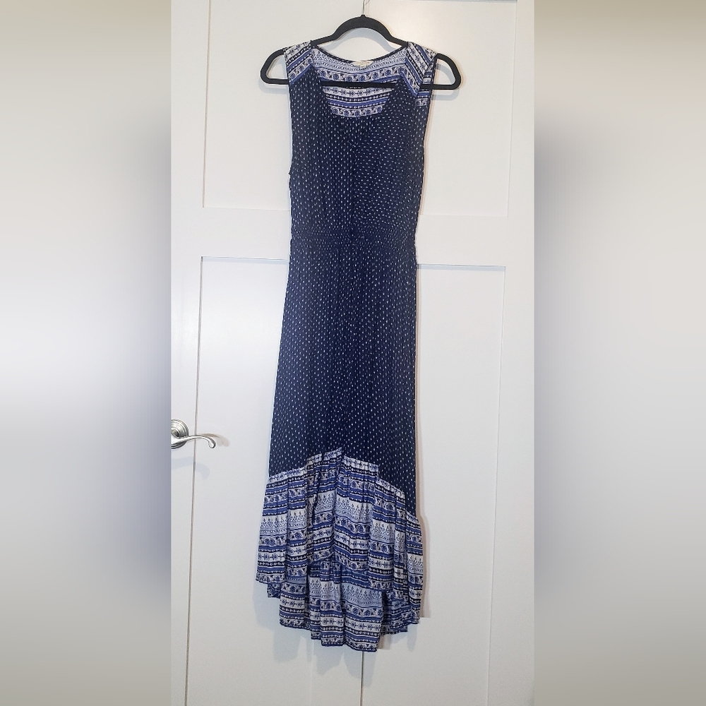 Lucky Brand Viscose Maxi Dress Button Down Up Sleeveless Smocked XL Floral Blue